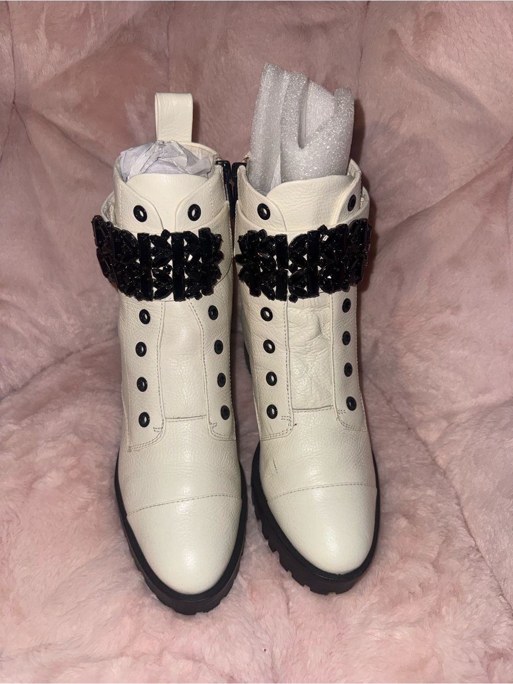 Karl Lagerfeld White Leather Combat Boots with Black Embellishment Size 7M